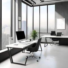 Modern beautiful office interior with workplace near panoramic window. Mock up wall
