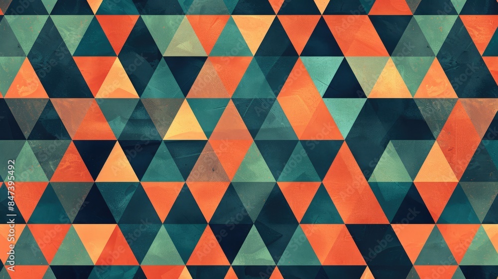 Poster a seamless pattern of triangles in various shades of blue, green and orange. aig51a.