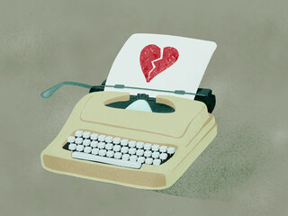 Typewriter with white sheet showing red broken heart