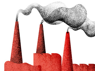 Set of three red industrial buildings with smoking chimneys