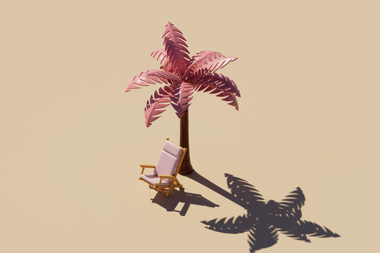 3D Render of Pink Palm Tree and Deck Chair on Beige Background