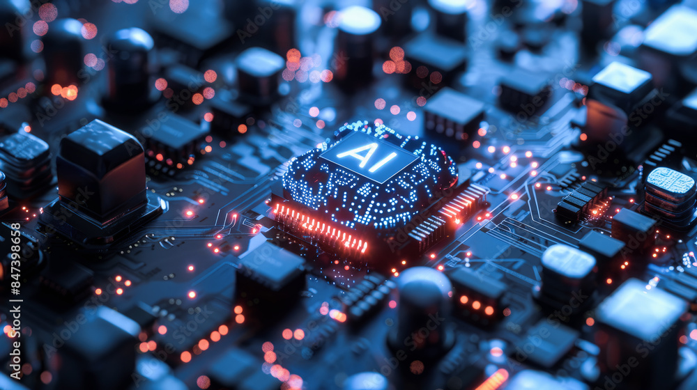 Poster artificial intelligence and ai technology concept processor chip or mother board background llms