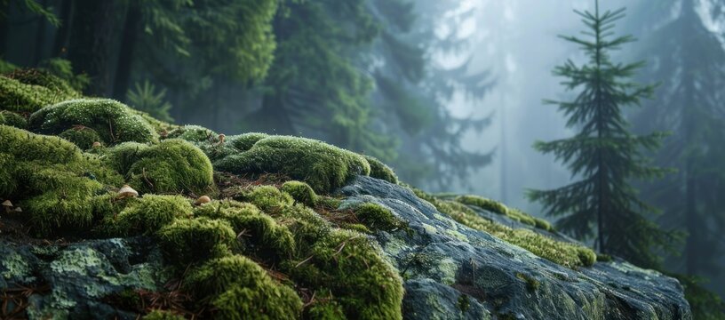 Close Up of Mossy Rock in Foggy Forest