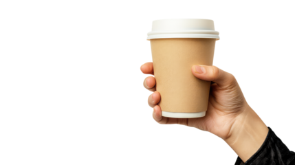 Hand holding a Blank cup of coffee isolated on transparent white background, clipping path