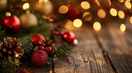 Red And Gold Christmas Ornaments On Wooden Tabletop With Pine Branches