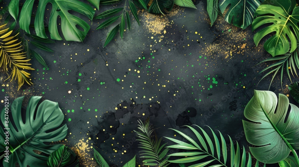 Poster adorable design featuring tropical foliage and green dots on a dark backdrop