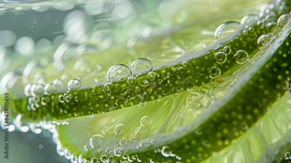 Poster close-up of lime slices floating in sparkling water, creating refreshing bubbles