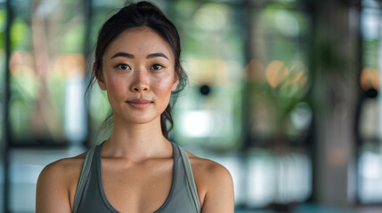 An Asian female yoga instructor in a comfortable athleisure set in a serene yoga studio
