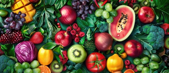 Vibrant display of colorful fresh fruits and vegetables on a wide organic food background