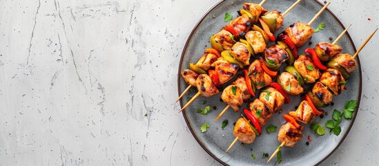 Top view of chicken kebab skewers displayed on a plate against a light grey slate or concrete backdrop, with room for text.