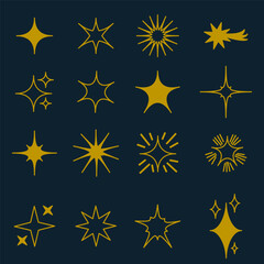 Star icon set. Golden star shapes. Dark blue background. Decorative vector collection.