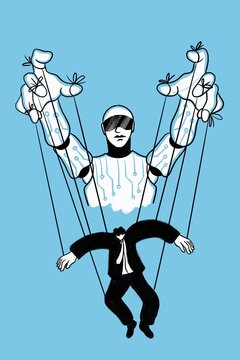 pupet man is ruled by AI robot hands