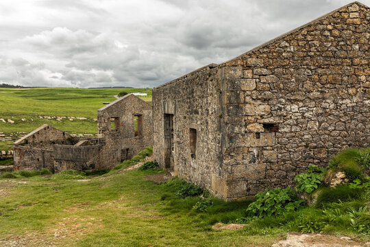 rural landscape of an old stone mill in a meadow