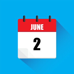 Vector calendar icon. June second date. Red and white colors. Blue background.