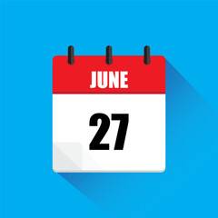 Vector calendar icon. June twenty-seventh date. Red and white colors. Blue background.