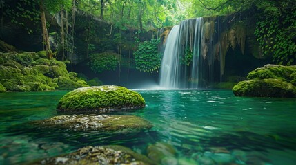 Naklejka premium A waterfall is flowing into a body of water