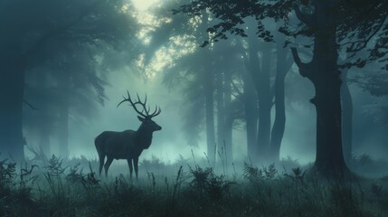 A deer is standing in a forest with trees in the background