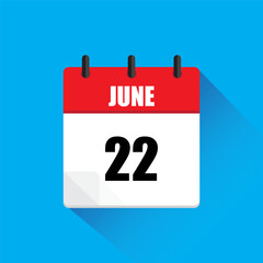 Calendar icon June. Red header June. Date number twenty-two. Blue background. EPS