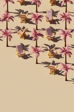 3D Render of Pink Palm Trees and Deck Chairs Pattern on Beige Ba