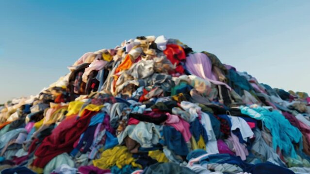 Large pile of discarded clothes forming a mountain against a clear blue sky. The colorful array of garments highlights the issue of textile waste and environmental impact. 