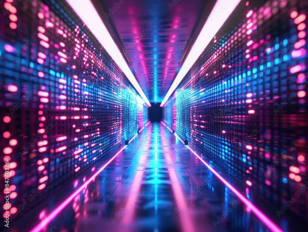 Poster futuristic neon tunnel with interactive computer screen in cityscape for business and technology tra
