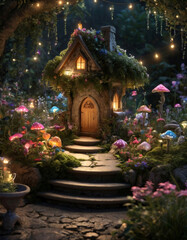 Fototapeta premium Glowing gnome house in the forest