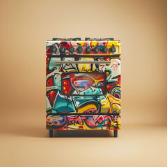 Obraz premium A gas range and oven is covered in graffiti - a spray painted appliance on a neutral background