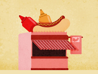 Hotdogs and sauces sitting on top of pink stand