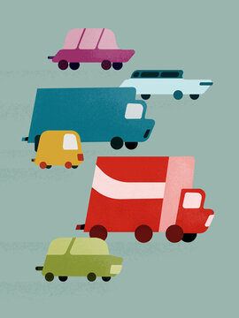 Multicolored trucks and cars on light background