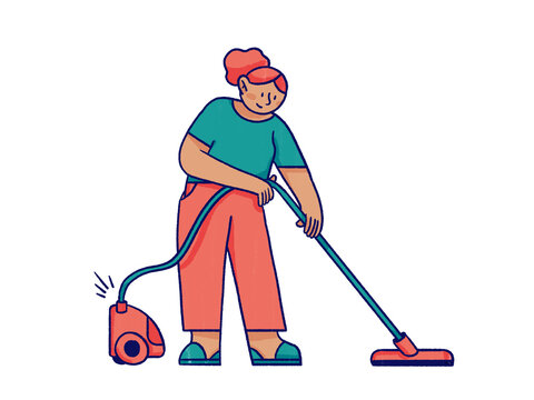 Happy female with vacuum cleaner on white background
