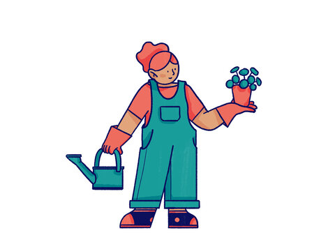 Gardener standing with watering can and potted plant