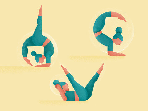 Females in various yoga poses on yellow background