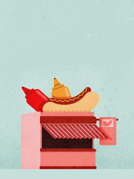 Stand with hotdog and sauces on top and signpost