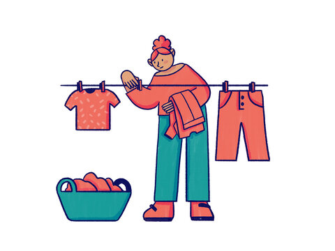 Cartoon woman drying clothes on rope