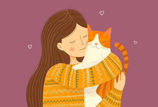 Illustration of a young lady in yellow sweater hugging her cat. 