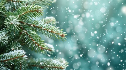 Winter Wonderland: Snow-Covered Evergreen Christmas Tree with Falling Snowflakes - Horizontal