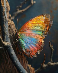 A stunning closeup photograph of a butterfly perched on a branch, with its wings spread to reveal their vibrant colors and intricate patterns