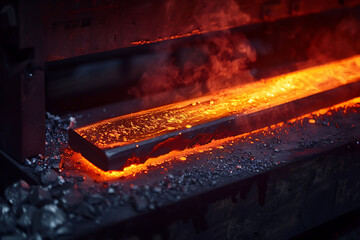 Glowing hot steel bar in industrial factory