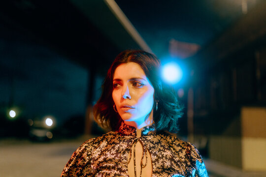Urban Night Fashion with Vibrant Lights