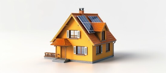 house figure with solar panels on the roof on isolated background, energy and money saving concept