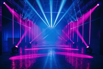 Background of empty stage show. Neon light and laser show. Laser futuristic shapes on a dark background. Blue neon light, symmetrical reflection - generative ai