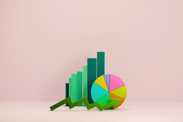 3D financial performance bar and pie charts, arrows results - growth