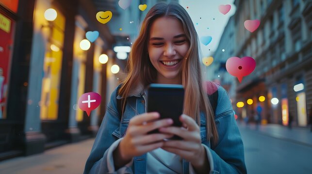 Smiling young woman uses smartphone for social media on lively illuminated city street