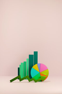 3D financial performance bar and pie charts, arrows results - growth