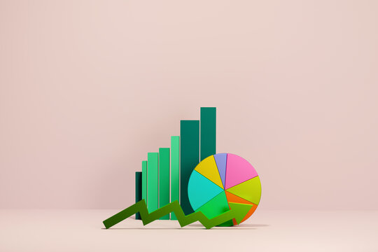 3D financial performance bar and pie charts, arrows results - growth