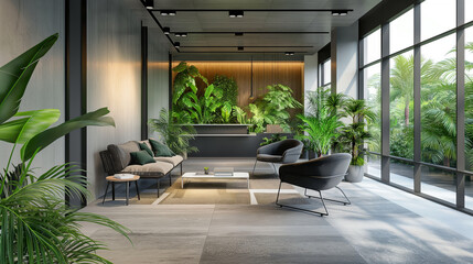 modern eco friendly office interior design decorated with tropical green plants