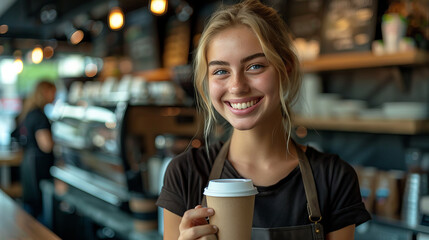 A photo of an attractive young woman working as a barista, smiling and making coffee at the front counter while holding a latte macchiato cup with a riser machine in the background.