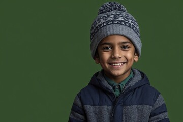 Indian male boy with smile on his face next to an empty space on a dark green background. Cute little boy wearing typical winter clothes.