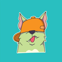 cartoon dog with his tongue sticking out wearing an orange hat, suitable for stickers and more.