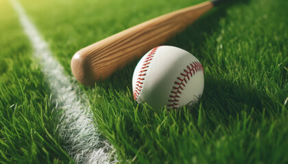 Bat and Baseball on Sports Field with Copy-Space